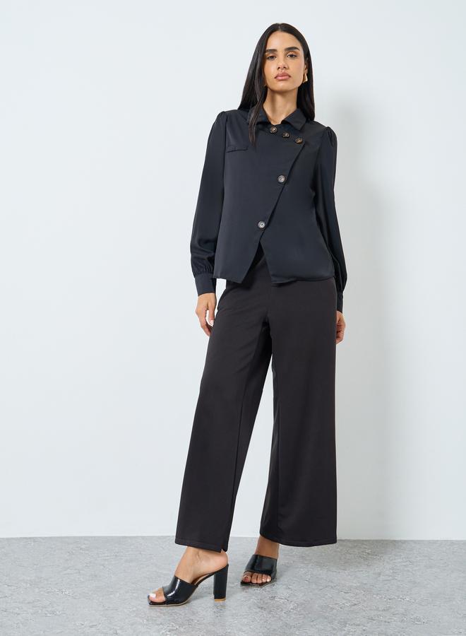 Styli Solid Front Button Balloon Sleeve Blouse - Image 2