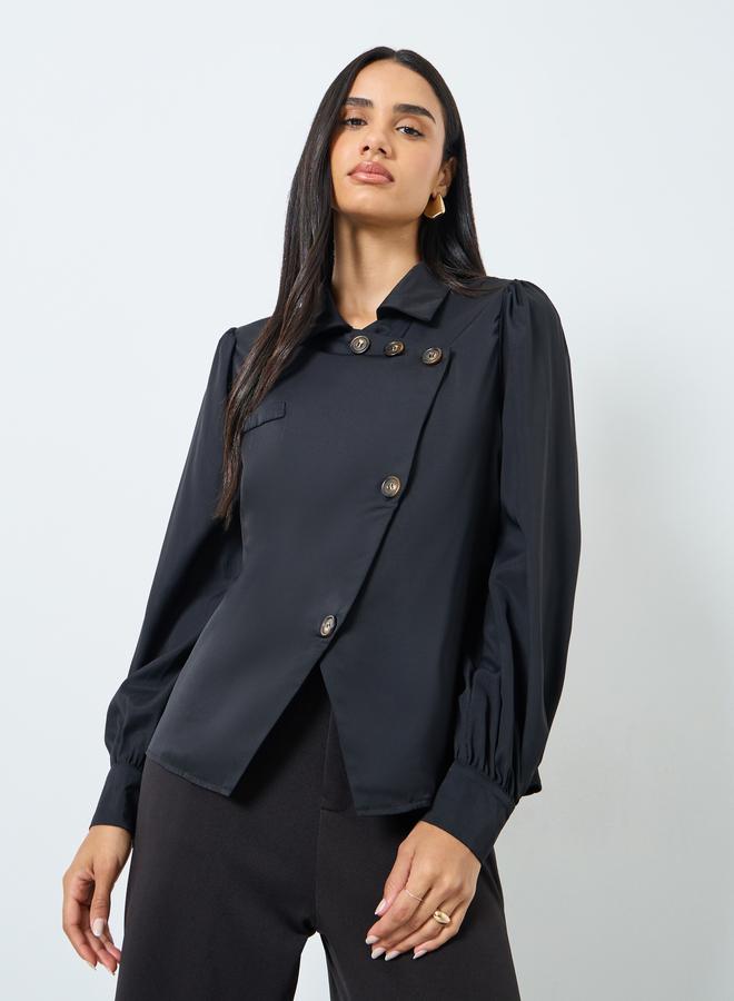 Styli Solid Front Button Balloon Sleeve Blouse - Image 1