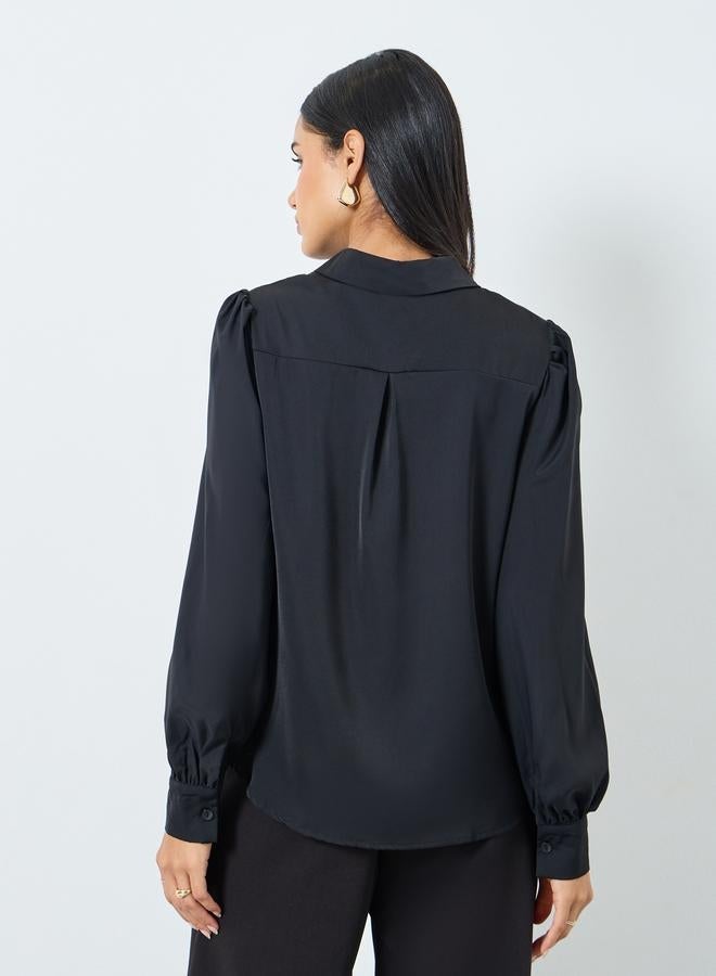 Styli Solid Front Button Balloon Sleeve Blouse - Image 5