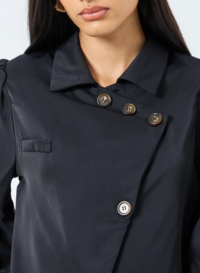 Styli Solid Front Button Balloon Sleeve Blouse - Image 4