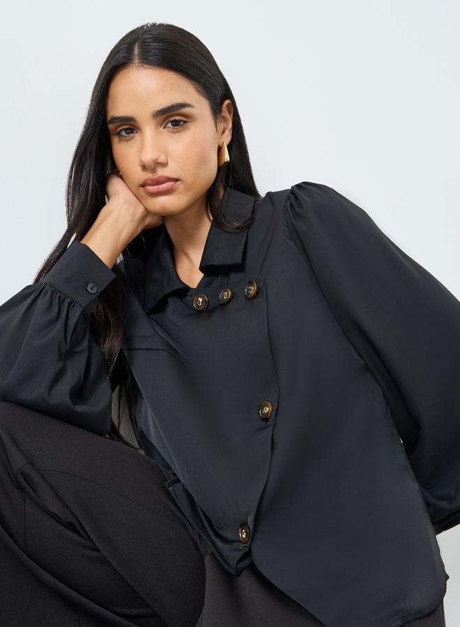 Styli Solid Front Button Balloon Sleeve Blouse - Image 3