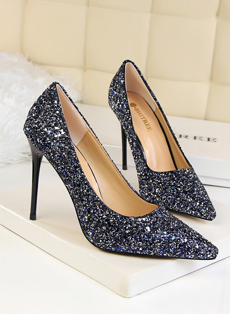 BIGTREE Women's Shiny Sequins Fashionable Stiletto Pumps 9.5 cm Elegant Gorgeous Closed Pointed Toe Slip On Solid High Heels Dark Blue  - Image 2