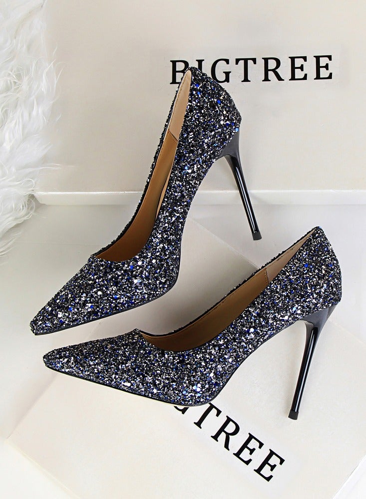 BIGTREE Women's Shiny Sequins Fashionable Stiletto Pumps 9.5 cm Elegant Gorgeous Closed Pointed Toe Slip On Solid High Heels Dark Blue  - Image 3