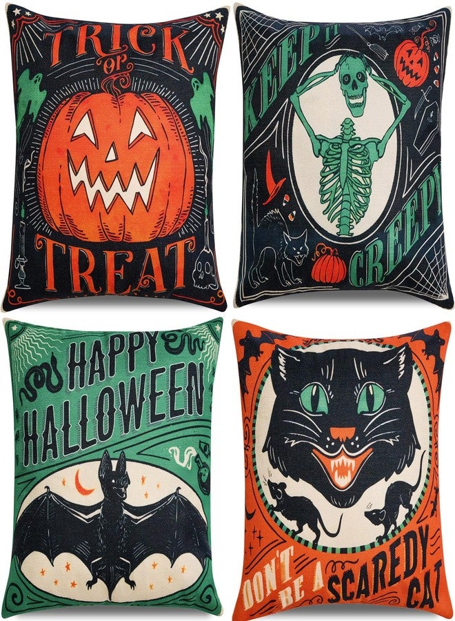 Hongsome Vintage Halloween Decor-Throw Pillow Covers 18x18 in set of 4,Retro Linen Pillow Case with Scaredy Cats Pumpkins Skull Bats for Couch Fall Holiday Outdoor Burnt Orange Green Black Decorations - Image 1