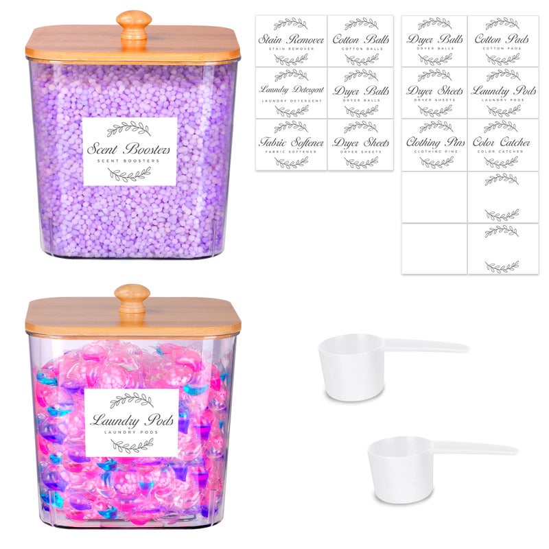 efluky 2 Pack Laundry Pods Container & Dryer Sheet Holder Set,Clear Laundry Room Organization Containers with Bamboo Lids and Labels,Laundry Pods Holder for Scent Booster,Powder,Pod - Image 1