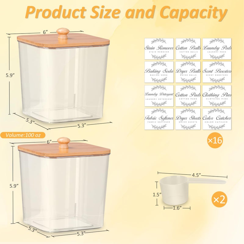 efluky 2 Pack Laundry Pods Container & Dryer Sheet Holder Set,Clear Laundry Room Organization Containers with Bamboo Lids and Labels,Laundry Pods Holder for Scent Booster,Powder,Pod - Image 2