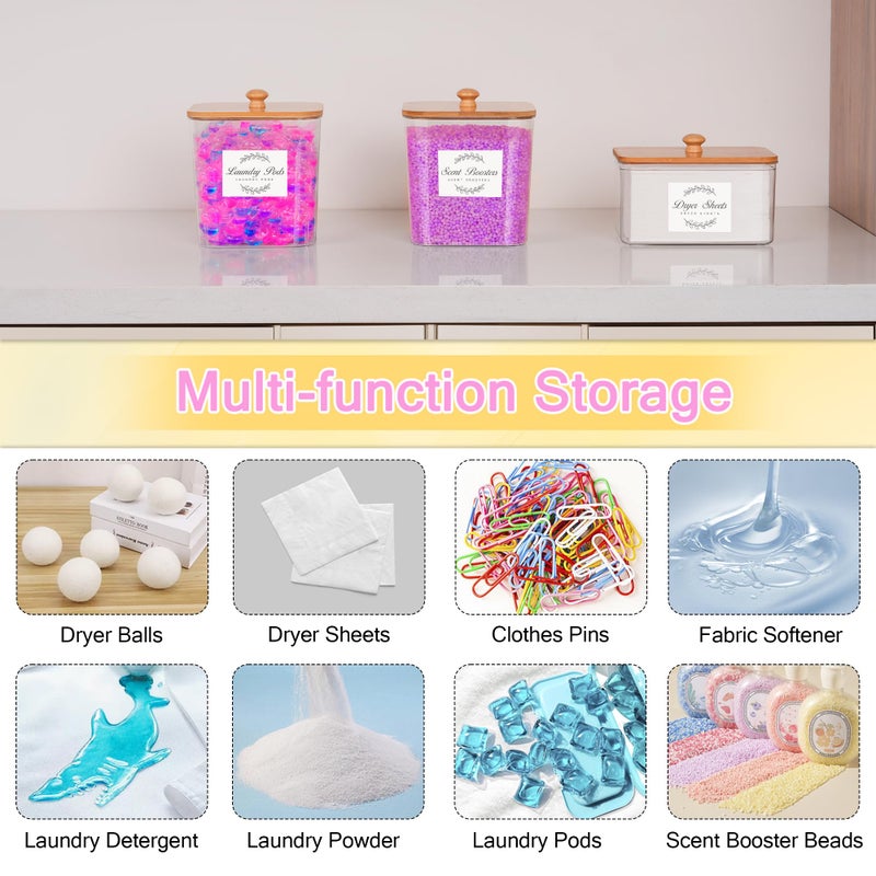 efluky 2 Pack Laundry Pods Container & Dryer Sheet Holder Set,Clear Laundry Room Organization Containers with Bamboo Lids and Labels,Laundry Pods Holder for Scent Booster,Powder,Pod - Image 3