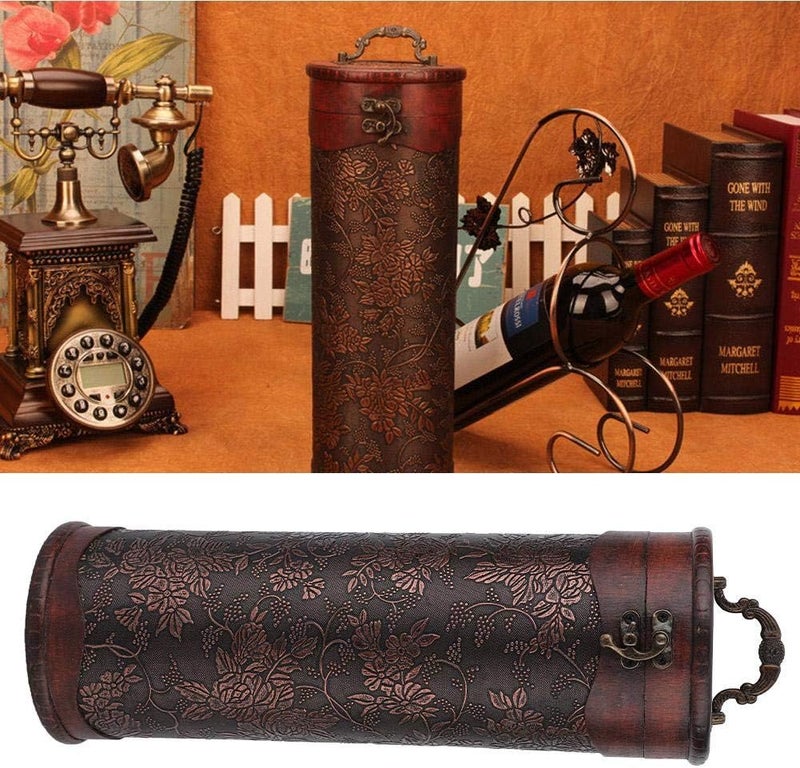 klarako Wine Box Portable Vintage Round Wood Single Red Wine Storage Box with Handle Retro Gift Kitchen Wine Racks - Image 1