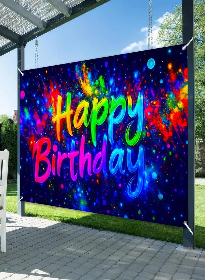 BlissYard Neon Happy Birthday Banner 71x43 Inch Glow Party Backdrop Colorful Paint Splatter Light Burst Vibrant Teens Kids Birthday Party Supplies Photo Booth Background For Girls or boys gifts - Image 2