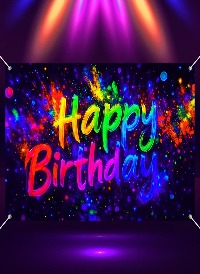 BlissYard Neon Happy Birthday Banner 71x43 Inch Glow Party Backdrop Colorful Paint Splatter Light Burst Vibrant Teens Kids Birthday Party Supplies Photo Booth Background For Girls or boys gifts - Image 1