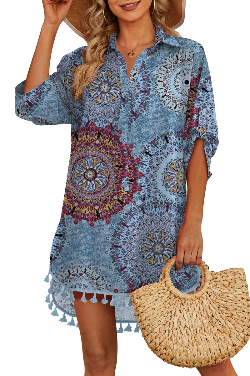 Yincro Women Swimsuit Cover Up Shirt 2026 Tassel Beach Bathing Suit for Swimwear Bikini Dress(Flower Mix Blue, L) - Image 1