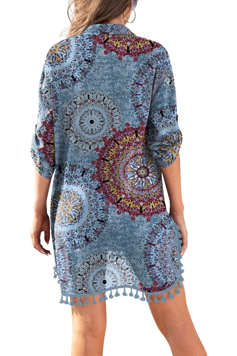 Yincro Women Swimsuit Cover Up Shirt 2026 Tassel Beach Bathing Suit for Swimwear Bikini Dress(Flower Mix Blue, L) - Image 3