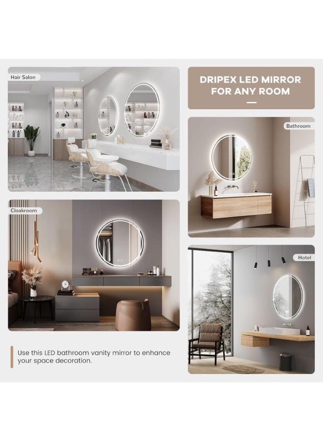 WALALLA Large LED Light Bathroom Mirror, Round Illuminated Wall Mounted Vanity Mirror, Home Makeup Mirror with Anti-Fog, 3 Lighting Modes, Touch Button Backlit, Brightness Adjustment - Image 3