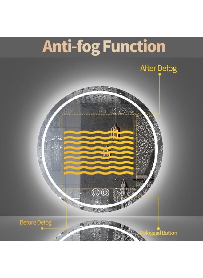 WALALLA Large LED Light Bathroom Mirror, Round Illuminated Wall Mounted Vanity Mirror, Home Makeup Mirror with Anti-Fog, 3 Lighting Modes, Touch Button Backlit, Brightness Adjustment - Image 2