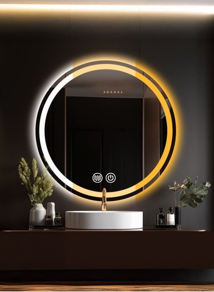 WALALLA Large LED Light Bathroom Mirror, Round Illuminated Wall Mounted Vanity Mirror, Home Makeup Mirror with Anti-Fog, 3 Lighting Modes, Touch Button Backlit, Brightness Adjustment - Image 1