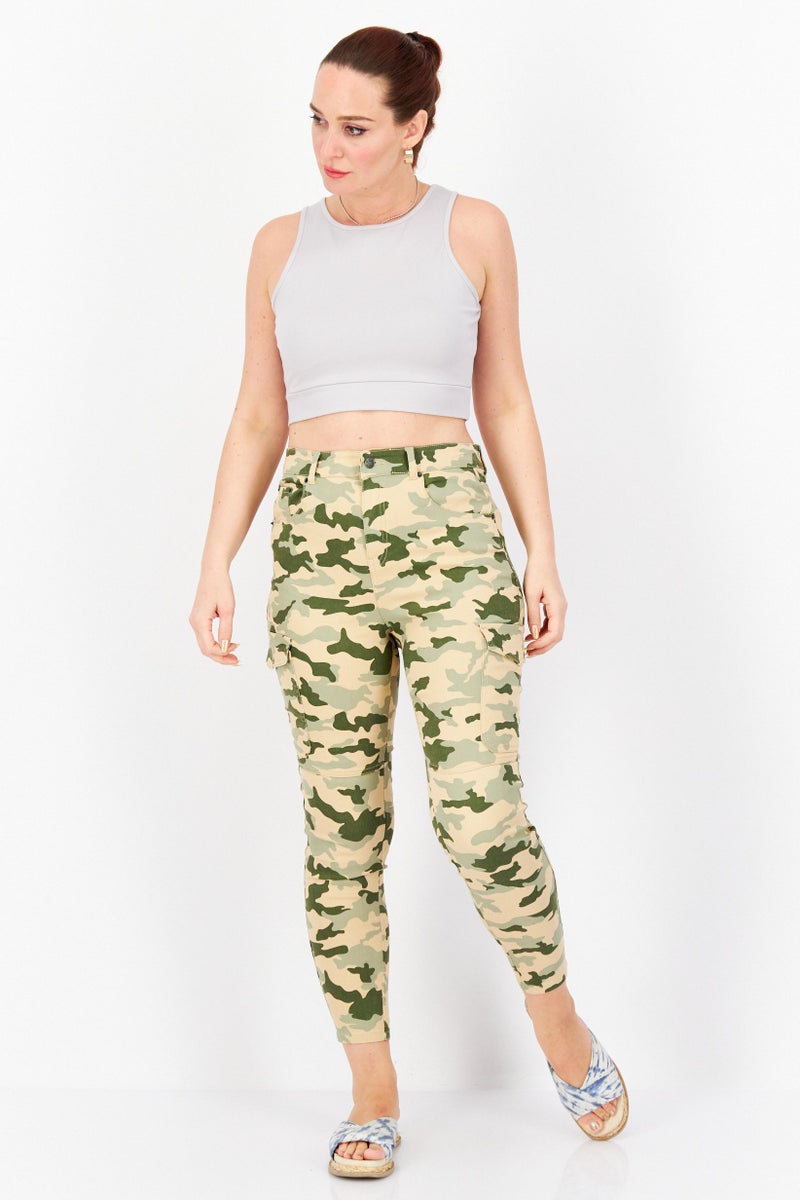 Don't Call Me Jennyfer Women Skinny Fit High Waist Camouflaged Cargo Pants, Green Combo  - Image 3