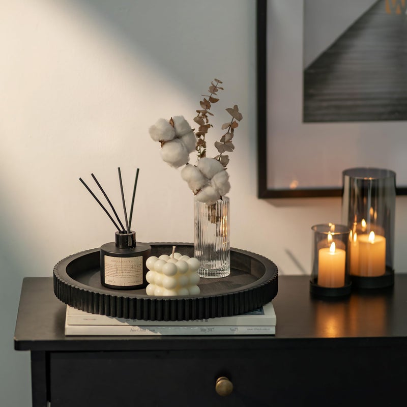 Hanobe Decorative Tray for Coffee Table: 12" Black Round Centerpiece Tray for Home Decor - Wood Modern Farmhouse Decor for Living Dining Room Kitchen Island Tabletop - Image 3