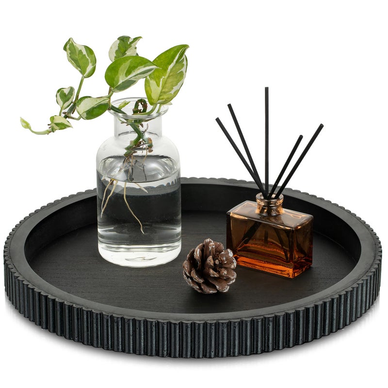 Hanobe Decorative Tray for Coffee Table: 12" Black Round Centerpiece Tray for Home Decor - Wood Modern Farmhouse Decor for Living Dining Room Kitchen Island Tabletop - Image 1