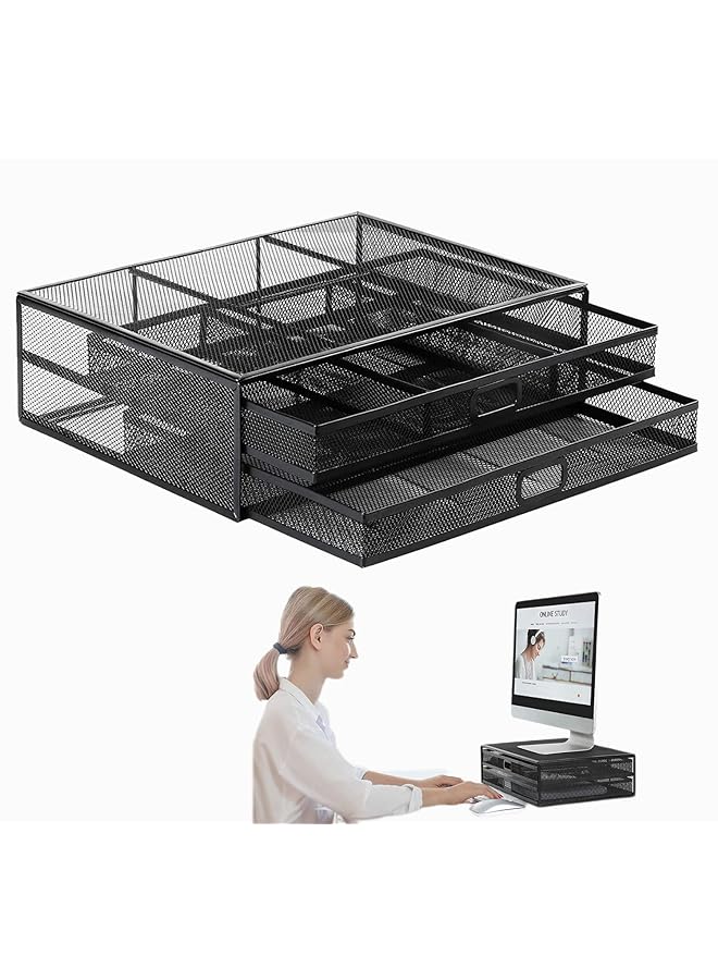 SYOSI Monitor Stand With 2 Storage Drawers Metal Mesh Desk Organisers Support Laptop Notebook Pc Monitor Printer Scanner Up To 15 Kg  - Image 1