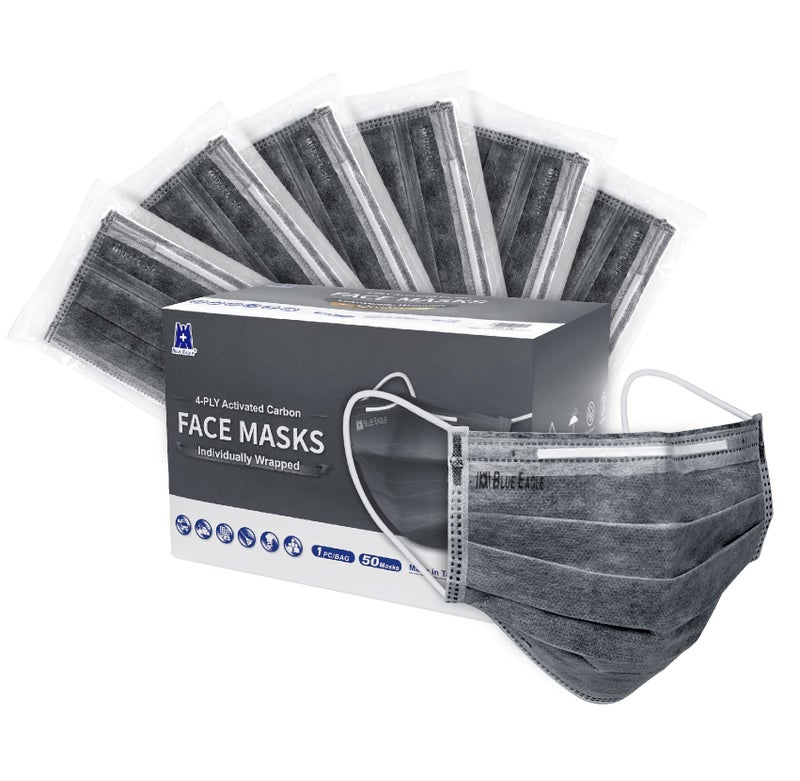 Blue Eagle 4-PLY BlueEagle Individually Wrapped Disposable Adult Face Masks | Fit for Large Face | with Activated Carbon Filter | Black Color - 50 Pcs (Charcoal Black) - Image 1