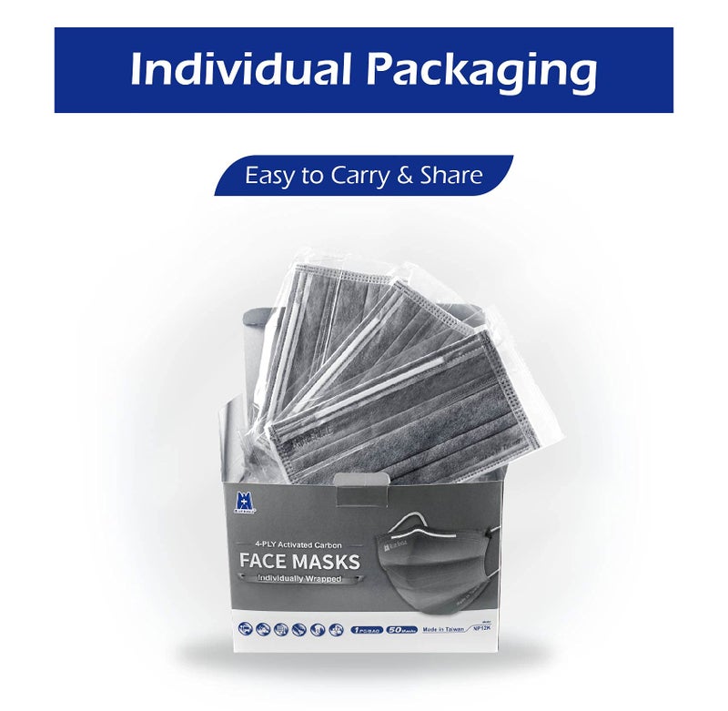 Blue Eagle 4-PLY BlueEagle Individually Wrapped Disposable Adult Face Masks | Fit for Large Face | with Activated Carbon Filter | Black Color - 50 Pcs (Charcoal Black) - Image 4
