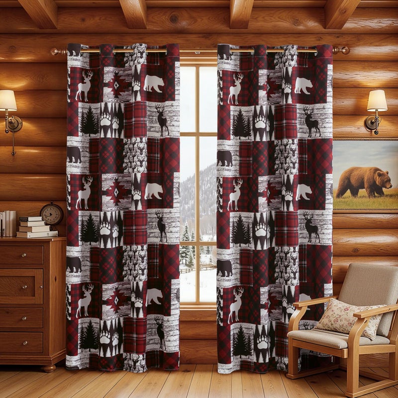 Tritard Red Rustic Cabin Curtains 2 Panels Country Style Curtain 50% Light Blocking Darkening Grommet Window Treatments Farmhouse Patchwork Plaid Drapes Decorative for Living Room Bedroom, 52x84 inches - Image 1