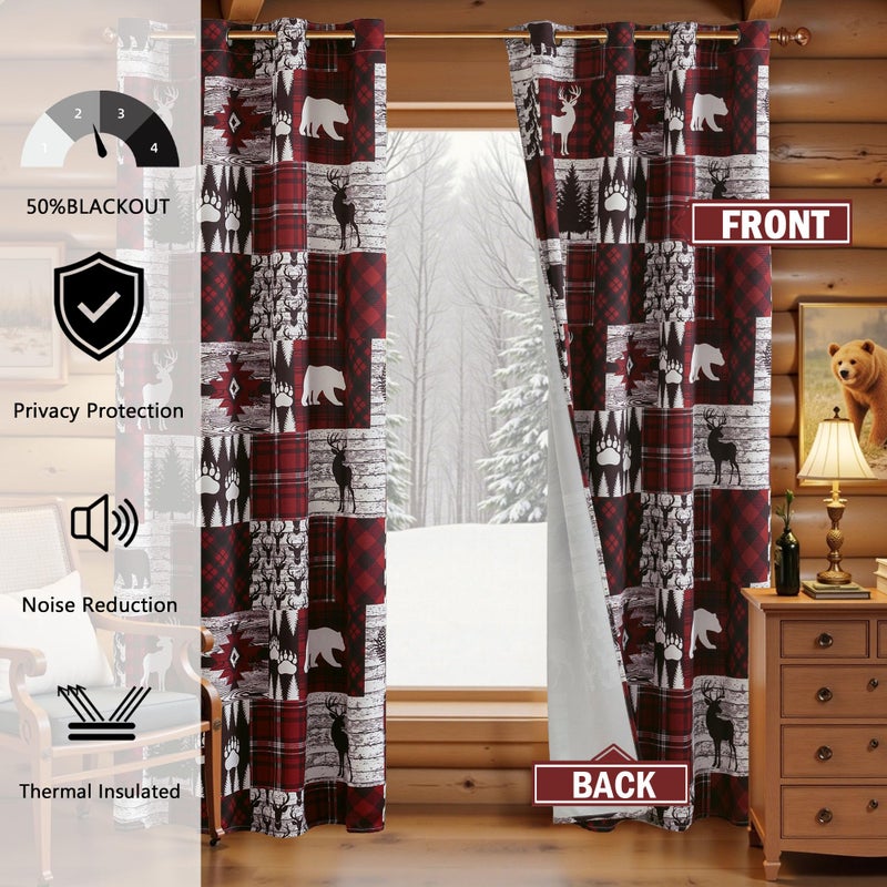 Tritard Red Rustic Cabin Curtains 2 Panels Country Style Curtain 50% Light Blocking Darkening Grommet Window Treatments Farmhouse Patchwork Plaid Drapes Decorative for Living Room Bedroom, 52x84 inches - Image 4