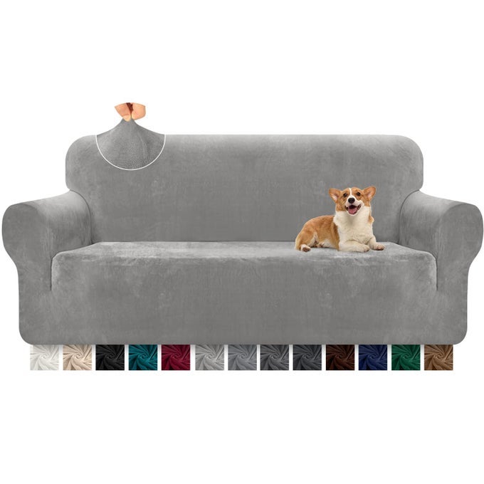 PREMIUM THICKEN PLUSH VELVET SOFA COVER 3 SEATER HIGH STRETCH COUCH COVER SUPER SOFT SOFA SLIPCOVER LUXURY FURNITURE PROTECTOR FOR PETS AND KIDS 3 SEATER LIGHT GREY