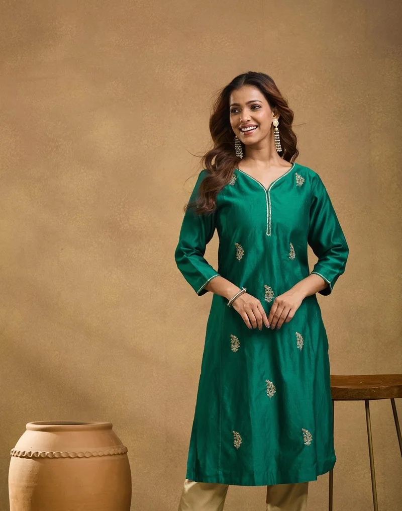 Fabindia  Green Cotton Silk Embroidered Long Kurta for Women | Best Price UAE