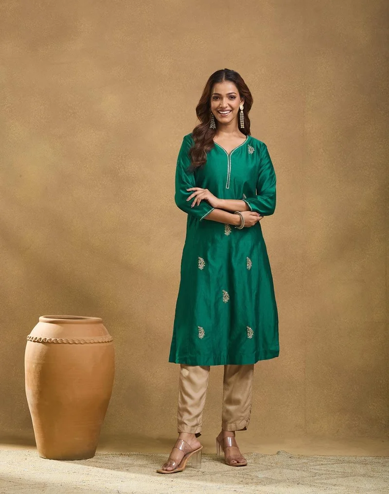 Fabindia Green Cotton Silk Embroidered Long Kurta