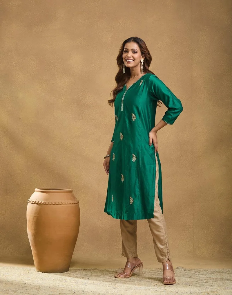 Fabindia  Green Cotton Silk Embroidered Long Kurta for Women | Best Price UAE