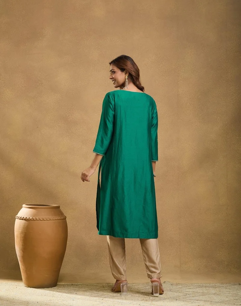 Fabindia  Green Cotton Silk Embroidered Long Kurta for Women | Best Price UAE