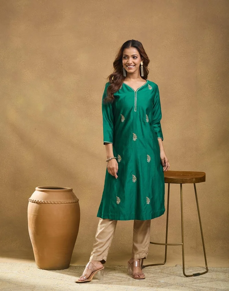 Fabindia Green Cotton Silk Embroidered Long Kurta