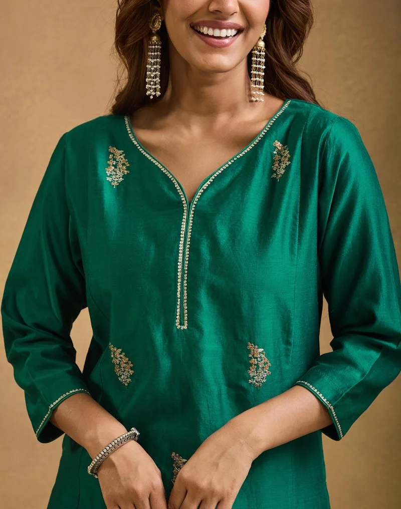 Fabindia  Green Cotton Silk Embroidered Long Kurta for Women | Best Price UAE