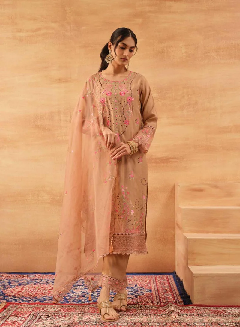 ISHIN Women's Brown Roman Silk Embroidered Tunic Upper With Full Palazzo Regular Fit 3 Piece Kurta Set