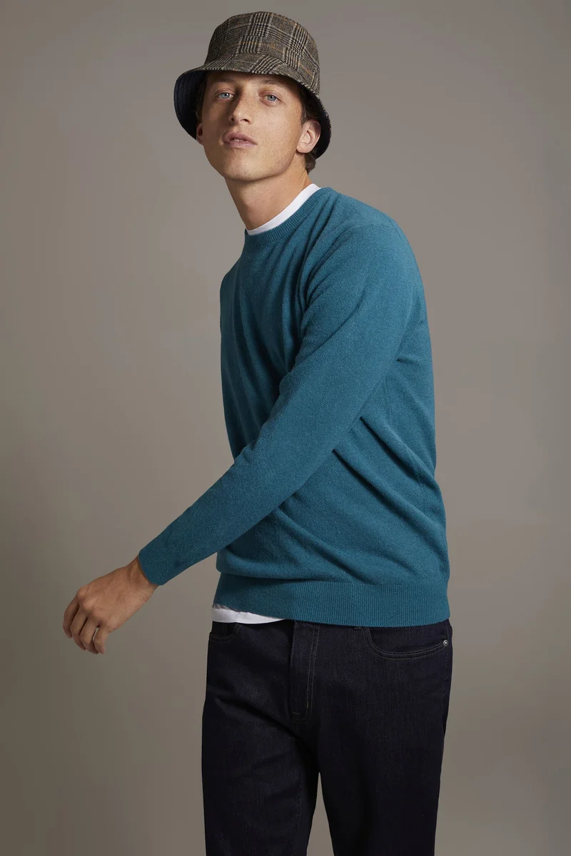 Round neck lambswool blend sweater - Petrol