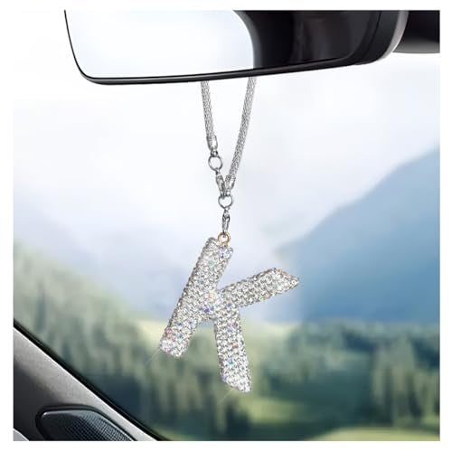 DXNQ Bling Initial Car Rear View Mirror Ornament, Crystal Sparkling Cute Letter Charm Pendant Auto Decor, Hanging Lucky Diamond Initial Charm Car Mirror Bag Ornament for Girl Women (Letter K) - Image 1