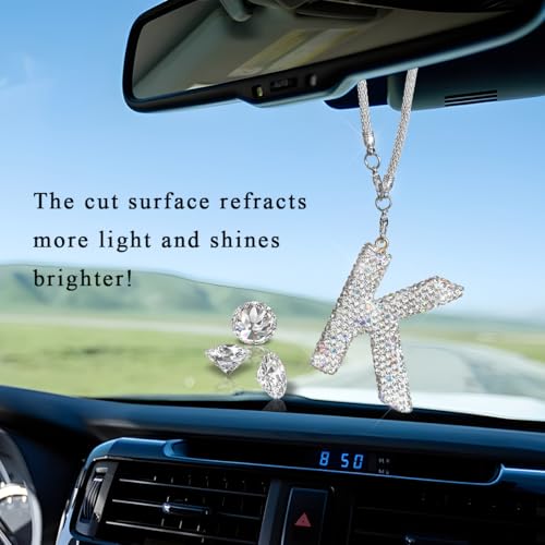 DXNQ Bling Initial Car Rear View Mirror Ornament, Crystal Sparkling Cute Letter Charm Pendant Auto Decor, Hanging Lucky Diamond Initial Charm Car Mirror Bag Ornament for Girl Women (Letter K) - Image 3