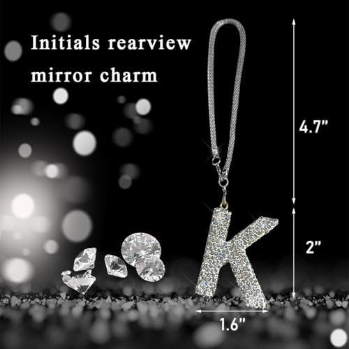 DXNQ Bling Initial Car Rear View Mirror Ornament, Crystal Sparkling Cute Letter Charm Pendant Auto Decor, Hanging Lucky Diamond Initial Charm Car Mirror Bag Ornament for Girl Women (Letter K) - Image 2