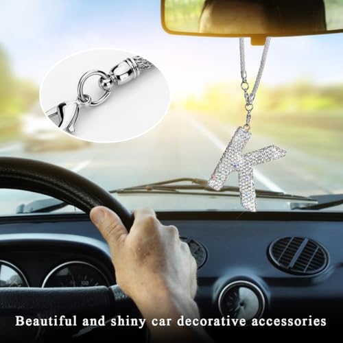 DXNQ Bling Initial Car Rear View Mirror Ornament, Crystal Sparkling Cute Letter Charm Pendant Auto Decor, Hanging Lucky Diamond Initial Charm Car Mirror Bag Ornament for Girl Women (Letter K) - Image 4