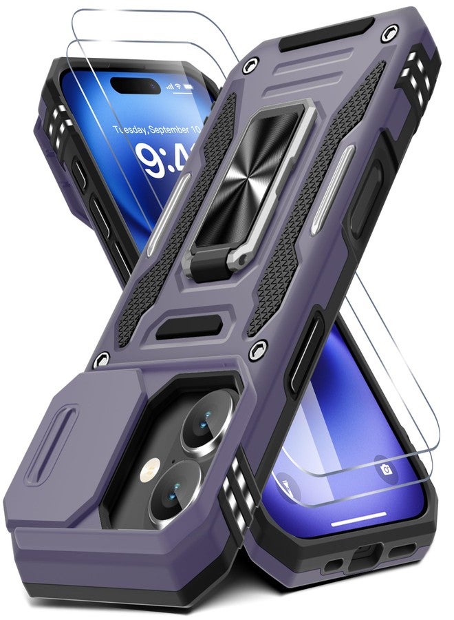 DEERLAMN for Phone 17 Case with Slide Camera Cover + Screen Protector (2 Packs), Rotated Ring Kickstand Military Grade Shockproof Protective Cover-Deep Purple - Image 1