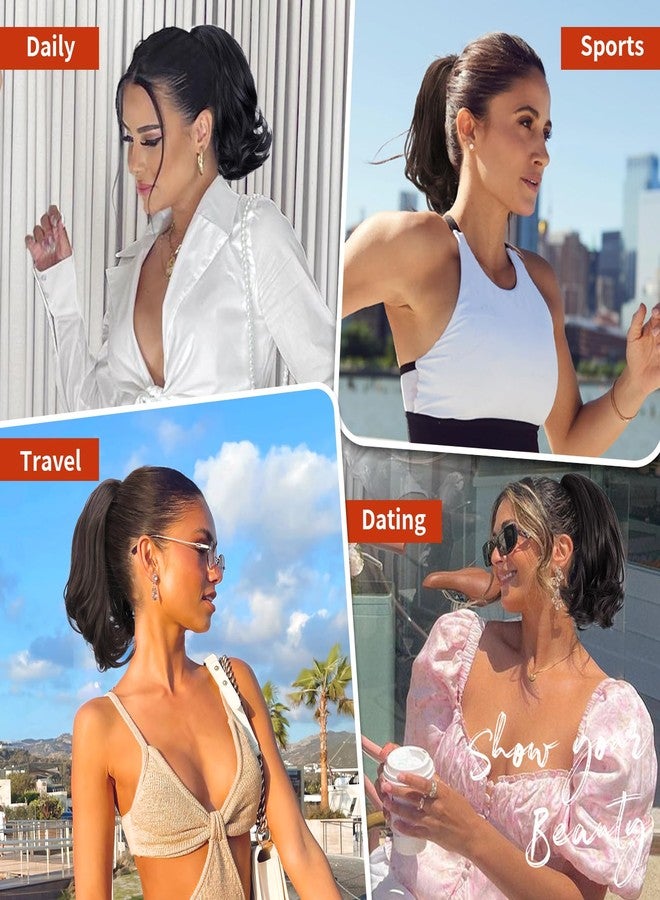 KooKaStyle Ponytail Extension, 10" Short Claw Clip in Pony Tails Hair Extensions Curly Wavy Synthetic Drawstring Hairpieces for Women(Dark Brown with Auburn Highlight) - Image 3