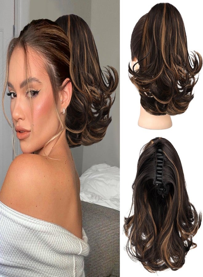 KooKaStyle Ponytail Extension, 10" Short Claw Clip in Pony Tails Hair Extensions Curly Wavy Synthetic Drawstring Hairpieces for Women(Dark Brown with Auburn Highlight) - Image 1