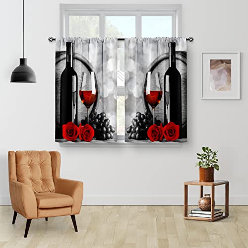 Aimego Red Rose and Wine Kitchen Curtains - Rustic Romantic Valentine Farmhouse Girls Women Short Tier Cafe Curtains Decor for Dining Room Art Country Rod Pocket Window Drapes 36 Inch Length 2 Panels Set - Image 2