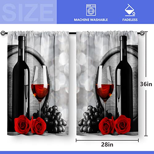 Aimego Red Rose and Wine Kitchen Curtains - Rustic Romantic Valentine Farmhouse Girls Women Short Tier Cafe Curtains Decor for Dining Room Art Country Rod Pocket Window Drapes 36 Inch Length 2 Panels Set - Image 3
