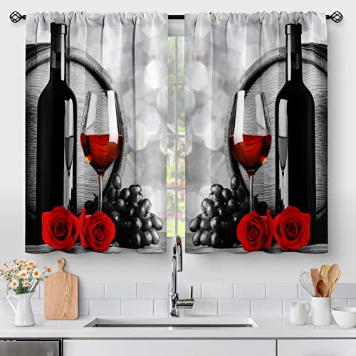 Aimego Red Rose and Wine Kitchen Curtains - Rustic Romantic Valentine Farmhouse Girls Women Short Tier Cafe Curtains Decor for Dining Room Art Country Rod Pocket Window Drapes 36 Inch Length 2 Panels Set - Image 1