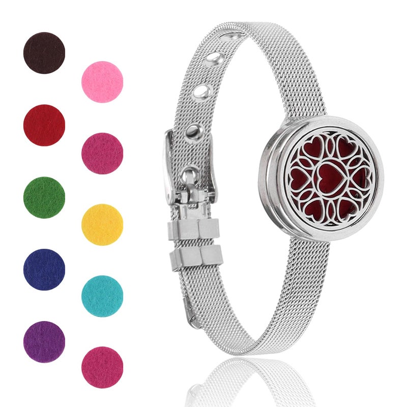 Essential Oil Diffuser Bracelet Aromatherapy Locket Adjustable Bracelet Stainless Steel Heart Watch Chain Bracelet with 10 Pcs Refill Pads for Women