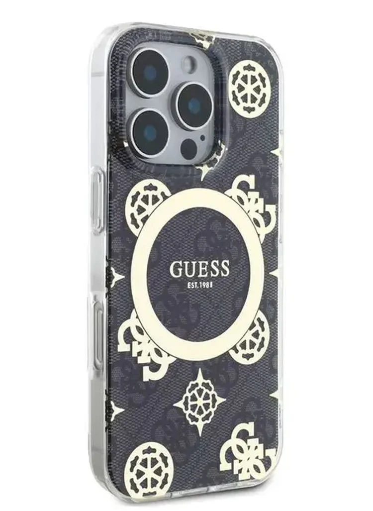 GUESS iPhone 16 Pro Max Magsafe Case IML 4G Design Hard Back Cover With Peony / Comfortable and Secure Grip / Easy Snap-On / Accurate Cutouts - Black