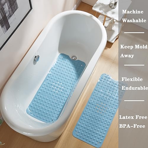 YANZIFLY Bathtub Mat for Shower: Soft Silicone Bath Mat Non Slip with Suction Cups Tub Mat for Bathroom for Family Extra Large Shower matt Machine Washable - Blue - Image 5