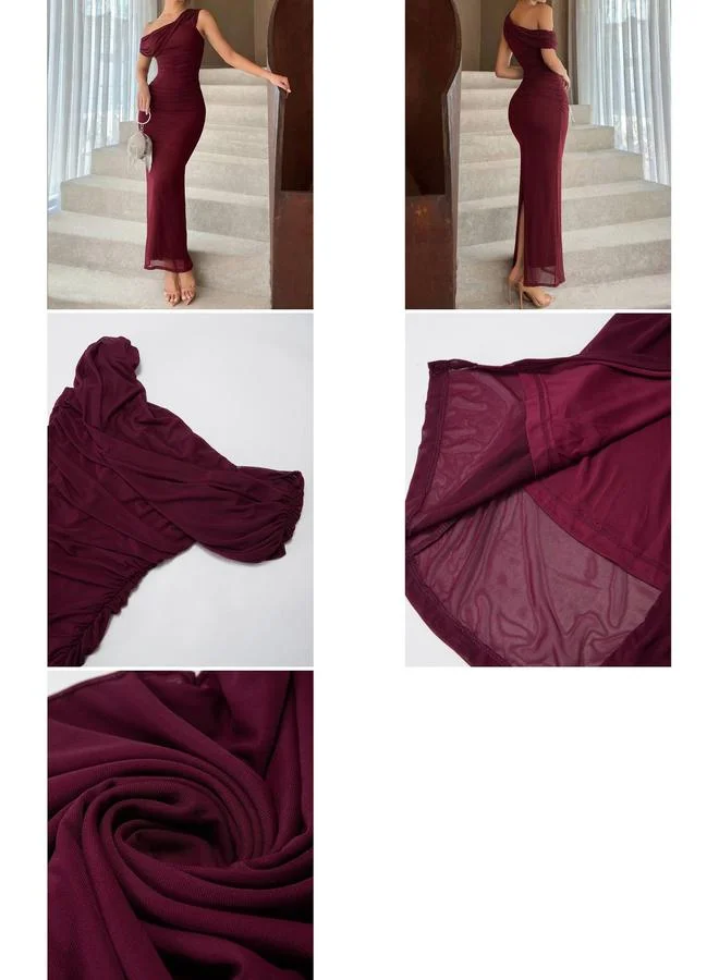 Take Two Burgundy One Shoulder Draped Bodycon Maxi Dress